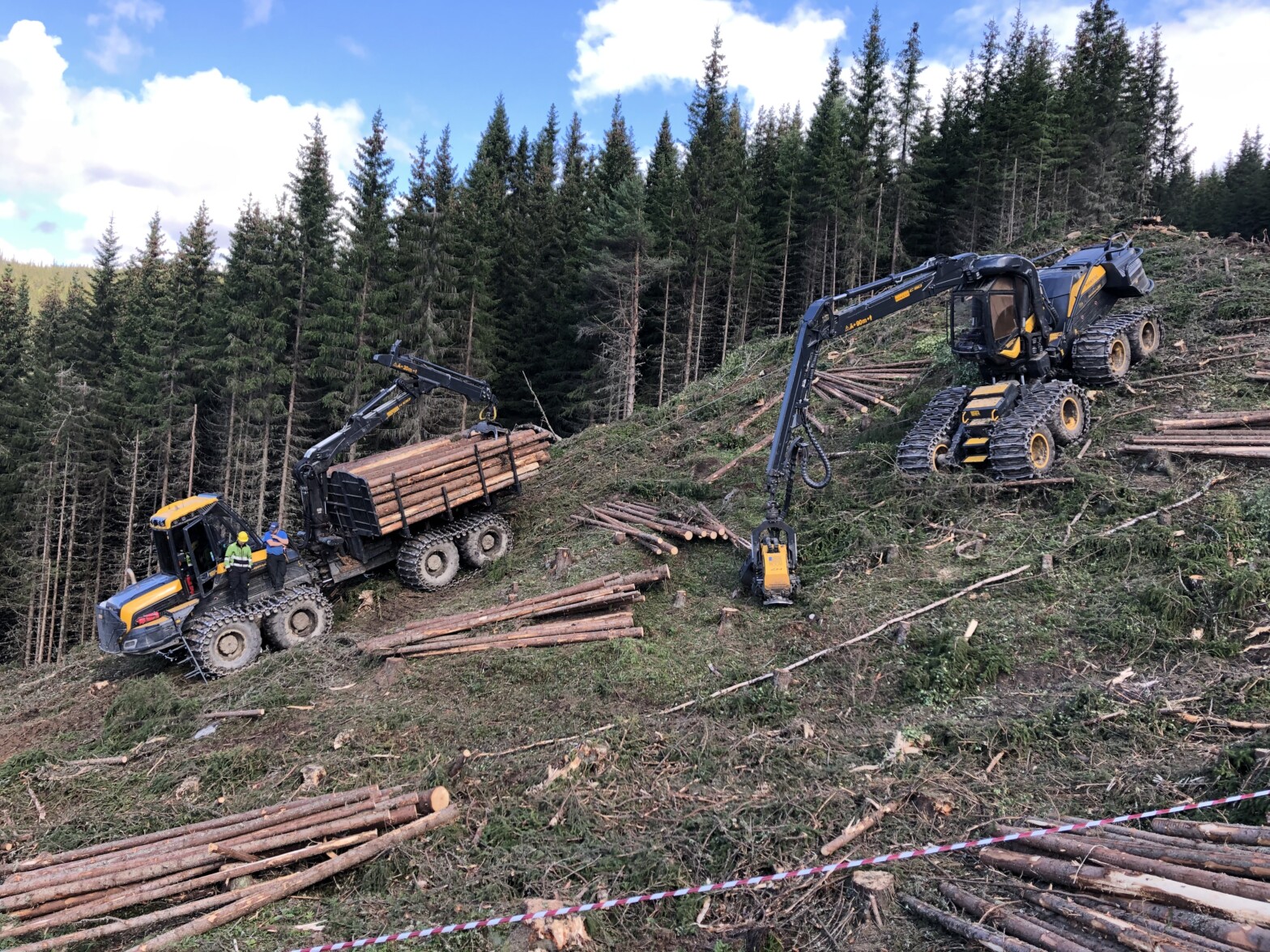 To skogsmaskiner i arbeid i en bratt bakke på vestlandet.