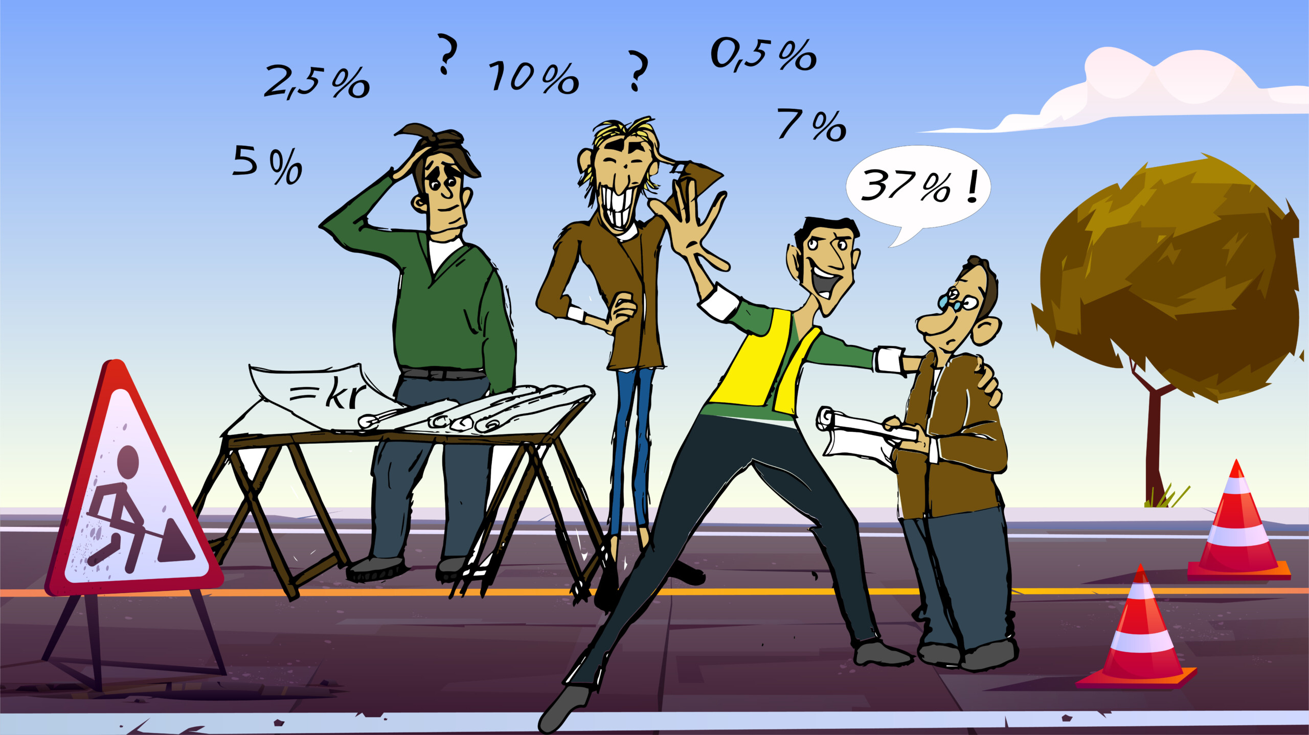 karrikaturtegning av 4 menn som står på en vei og diskuterer tall og prosenter.